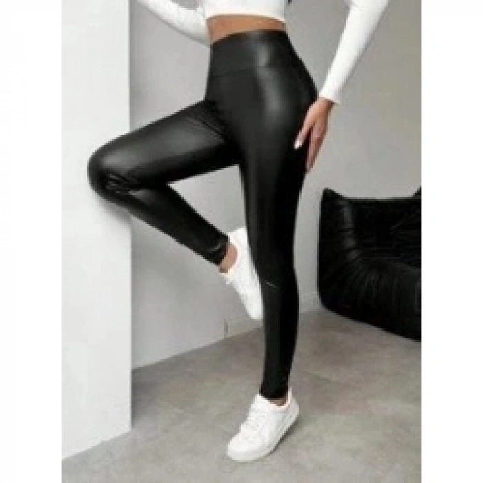 Kadın Yüksek Bel şardonlu Parlak Deri Tayt