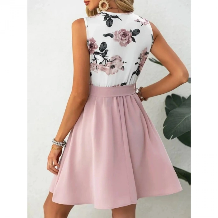 Kadın Sıfır Kollu V Yakalı çiçek Baskılı Beli Kuşaklı Dalgıç Elbise