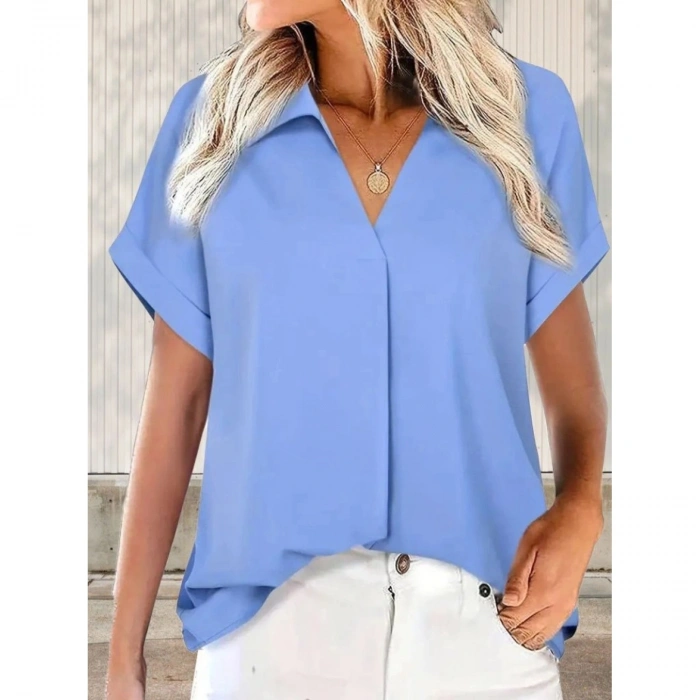 Kadın Kısa Kollu Yakalı Uzun Sandy Bluz