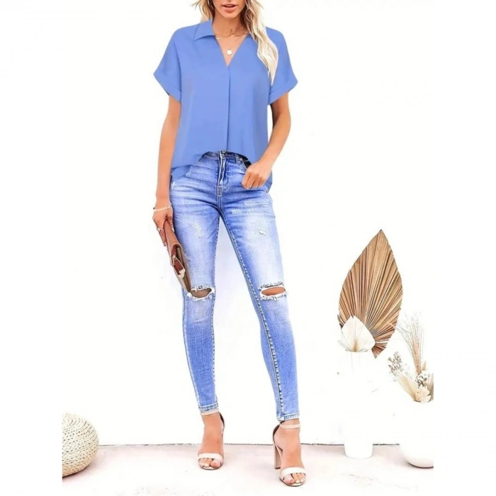 Kadın Kısa Kollu Yakalı Uzun Sandy Bluz