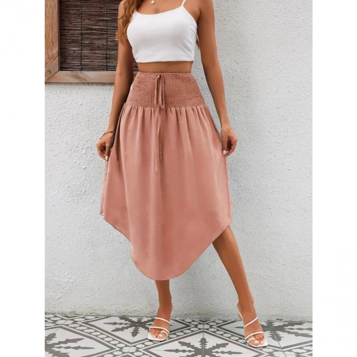 Kadın Yüksek Bel Belden Bağlamalı Asimetrik Kesim Detaylı Sandy Etek