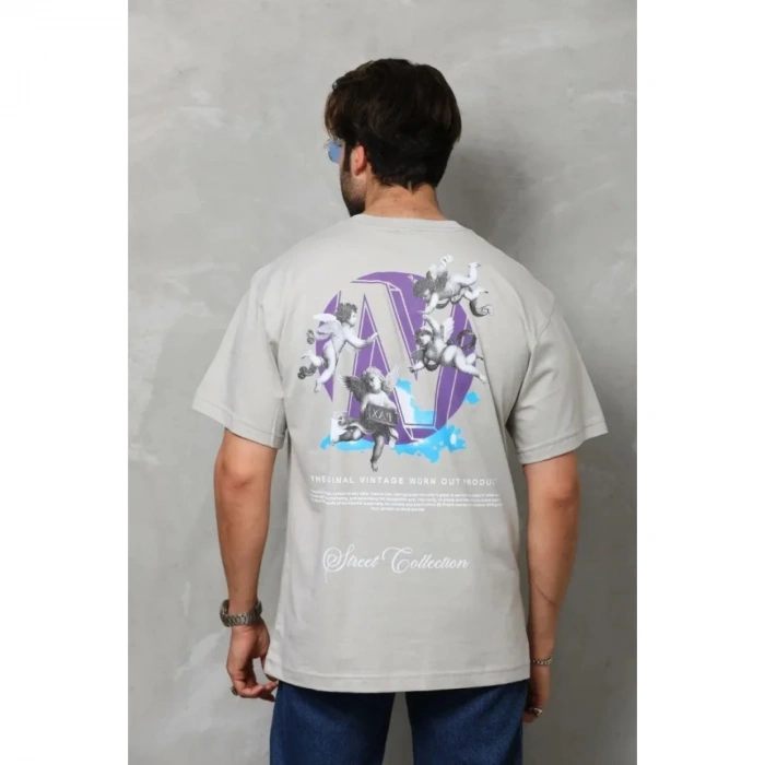 Unisex Bisiklet Yaka Baskılı Oversize T-Shirt - Gri