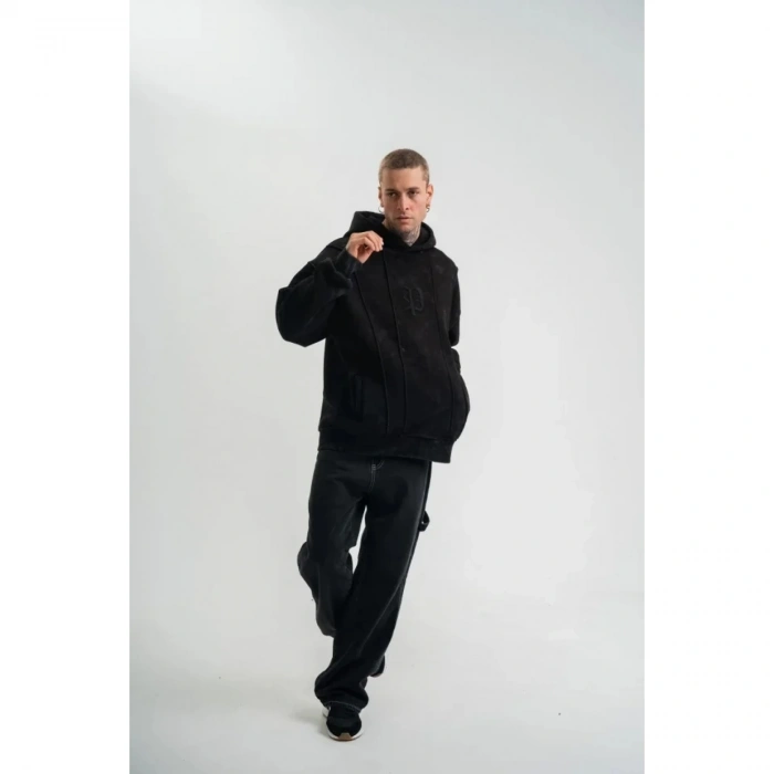 Unisex Uzun Kol Kapşonlu Yıkamalı Nakışlı SweatShirt - Siyah