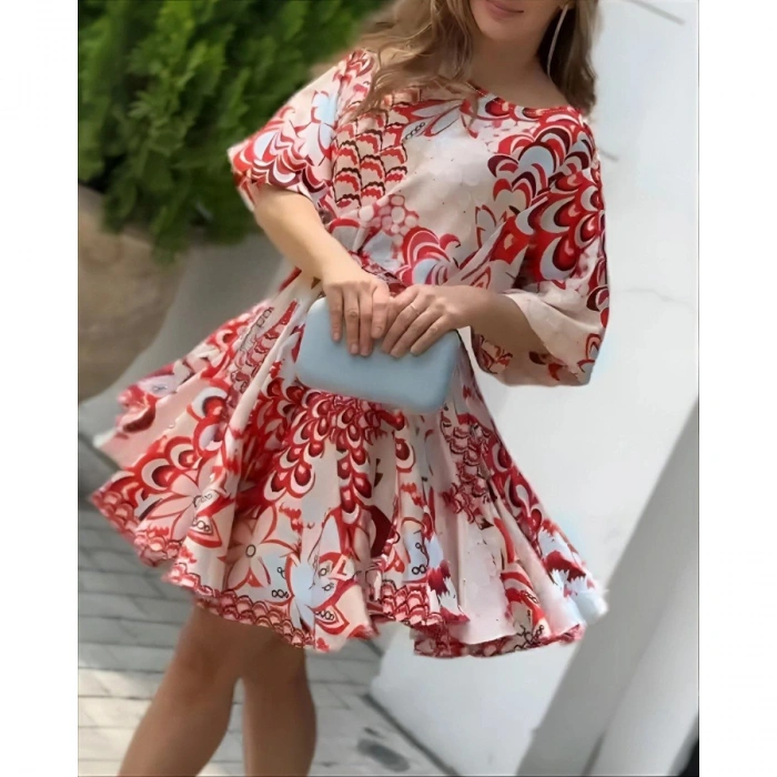 Kadın Kısa Balon Kollu Yuvarlak Yakalı Pileli Desenli Mini Elbise