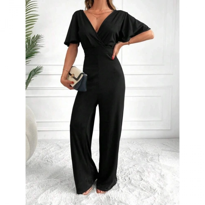 Kadın Kısa Kollu Kruvaze Yaka Sırt Dekolteli Pegasus Kumaş Tulum