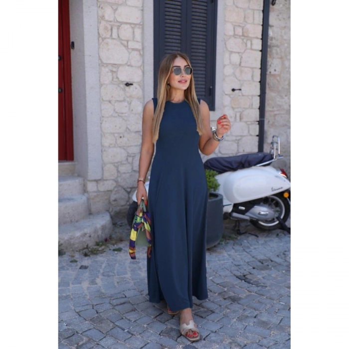 Kadın Sıfır Kollu Bisiklet Yaka Viskon Elbise