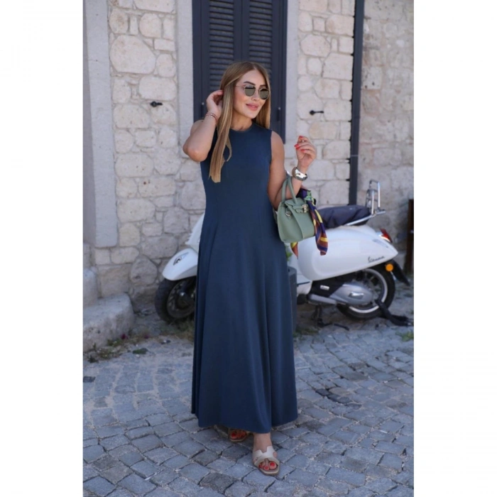 Kadın Sıfır Kollu Bisiklet Yaka Viskon Elbise