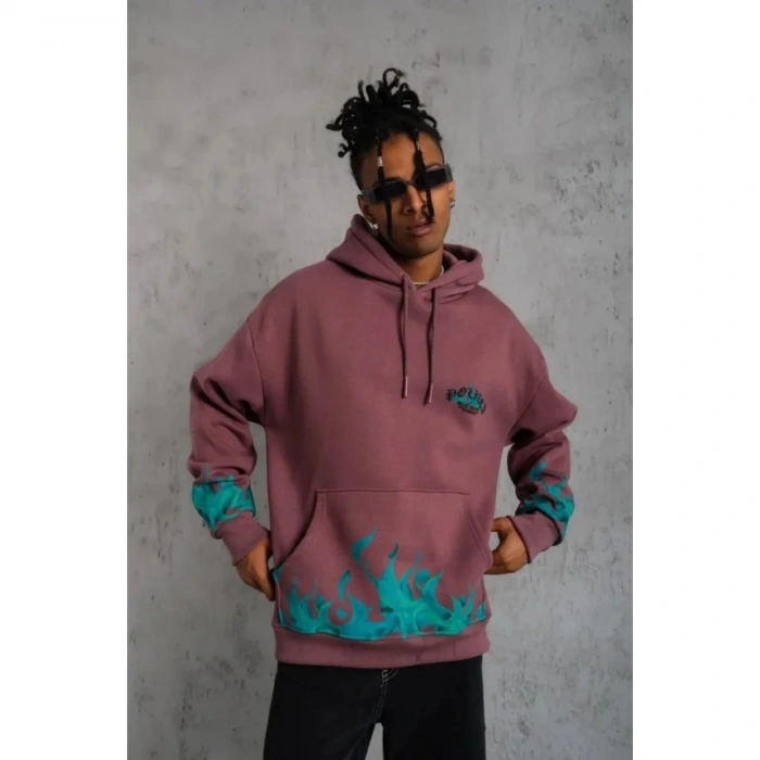 Erkek Üç İplik Içi Pamuklu Alev Baskılı Kapüşonlu Sweatshirt - Gül Kurusu