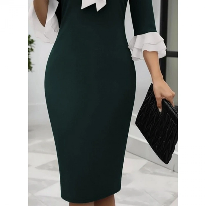 Kadın Truvakar Kollu Fiyonk Yakalı Midi Ithal Krep Elbise