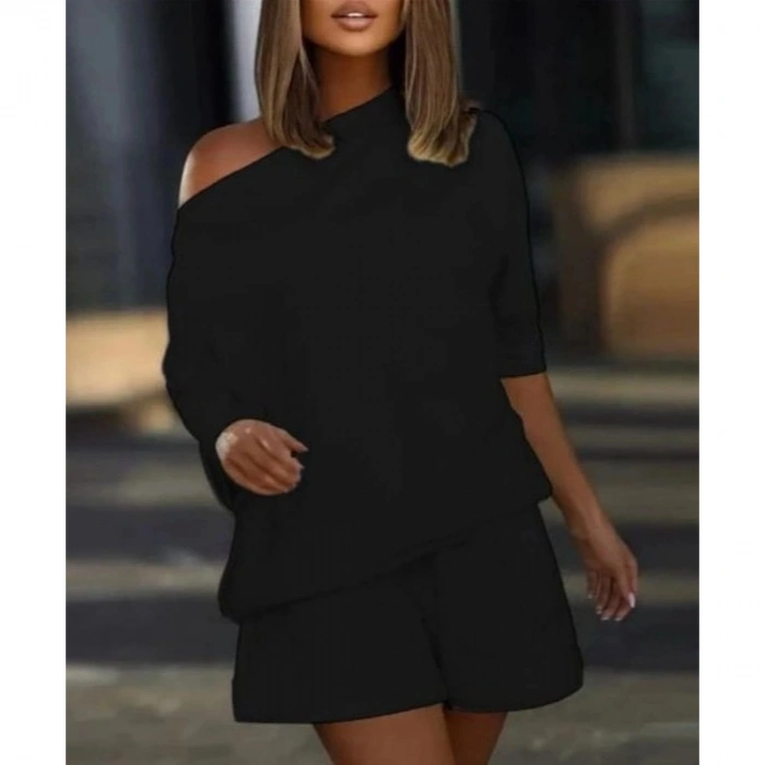 Kadın Kayık Yaka Salaş Iki Iplik Bluz Ve şort Ikili Takım