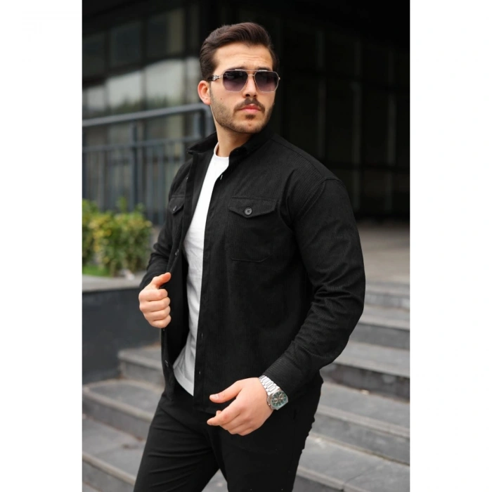 Erkek Uzun Kollu Cepli Kadife Gömlek