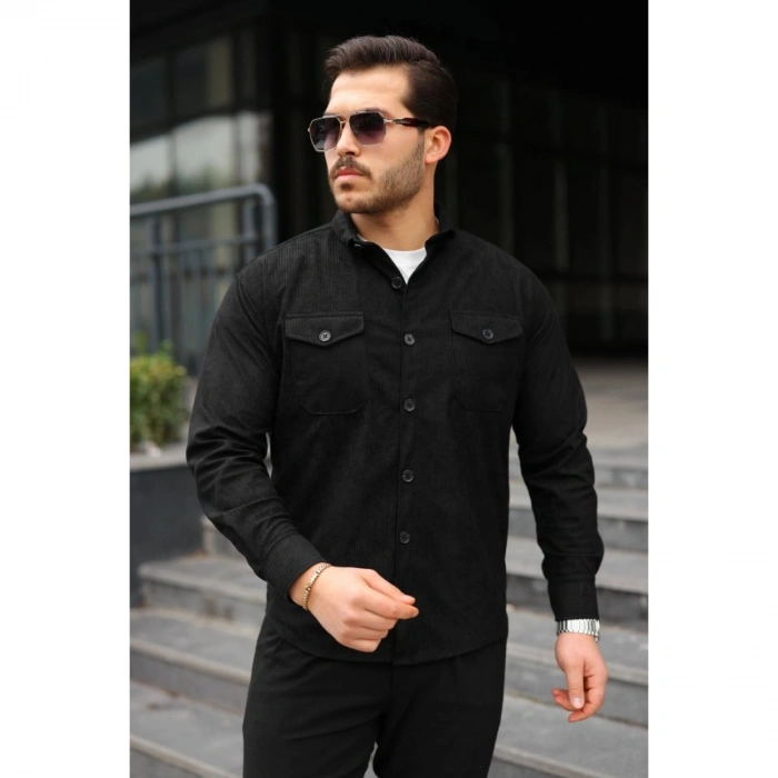 Erkek Uzun Kollu Cepli Kadife Gömlek