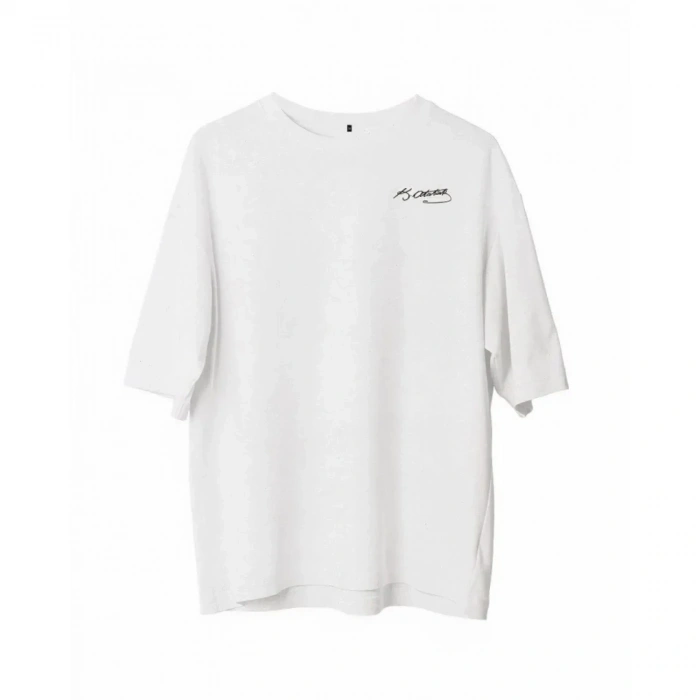 Unisex Bisiklet Yaka Baskılı Oversize T-Shirt - Beyaz