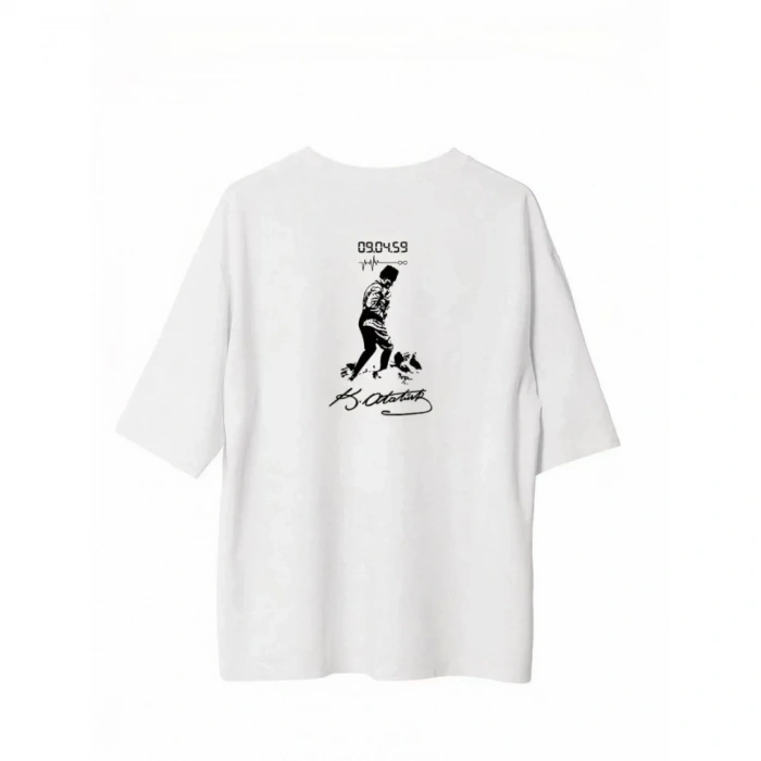 Unisex Bisiklet Yaka Baskılı Oversize T-Shirt - Beyaz