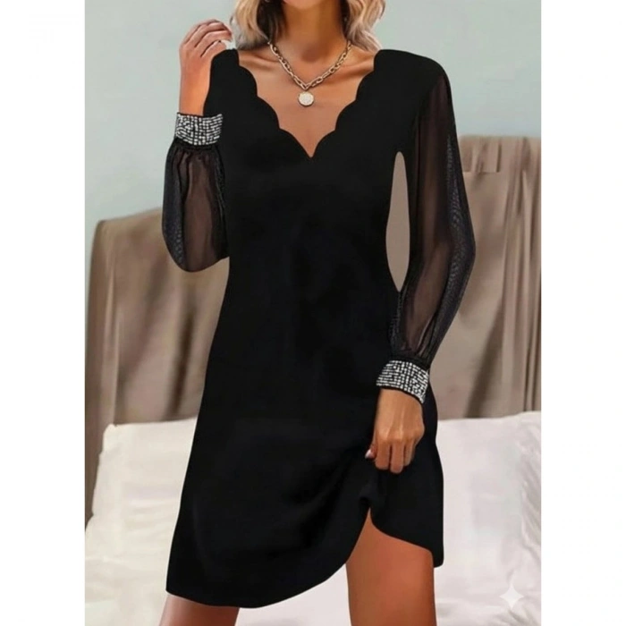 Kadın Uzun Kollu V Yaka Lazer Kesimli Tül Detaylı Mini Ithal Krep Elbise