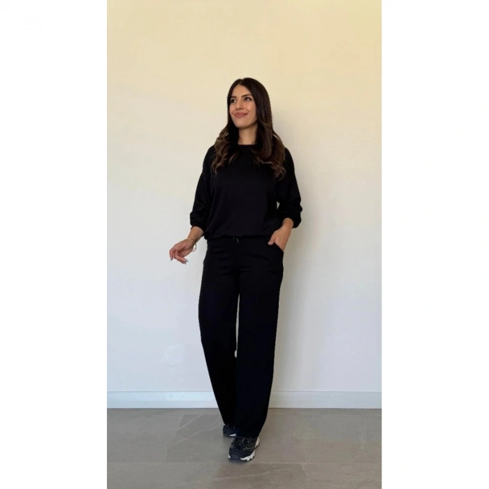 Kadın Uzun Kollu Bisiklet Yaka Viskon Iki Iplik Bluz Ve Pantolon Ikili Takım