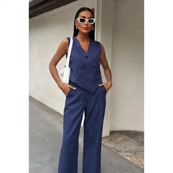 Yeleği Çapraz Detay Düğmeli Cepli Yelekli Takım 10150