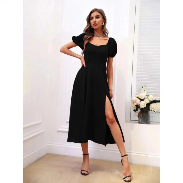 Kadın Kısa Kollu Kare Yakalı Yırtmaçlı Midi Janjan Krep Elbise