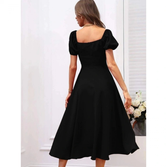 Kadın Kısa Kollu Kare Yakalı Yırtmaçlı Midi Janjan Krep Elbise