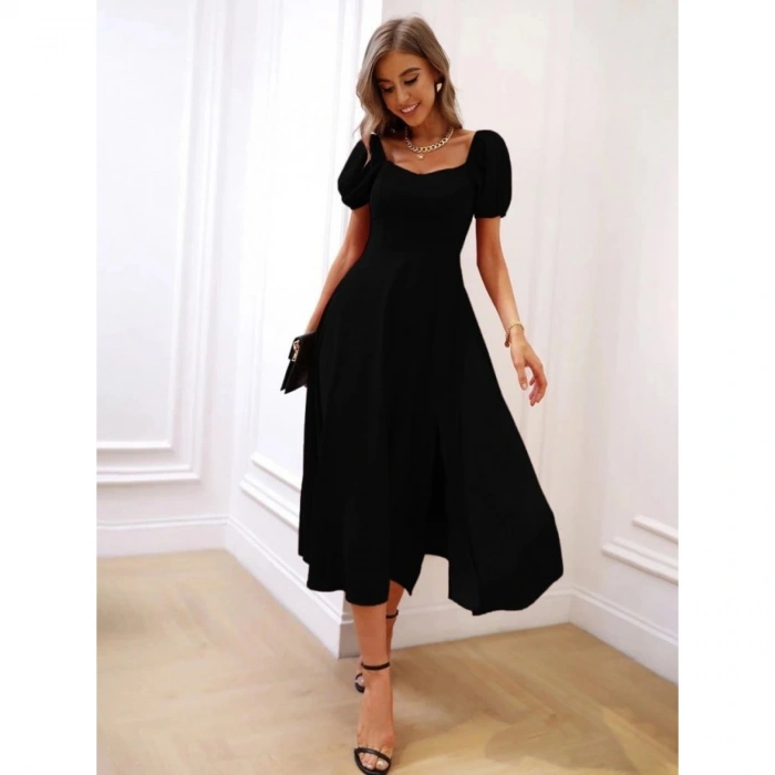 Kadın Kısa Kollu Kare Yakalı Yırtmaçlı Midi Janjan Krep Elbise