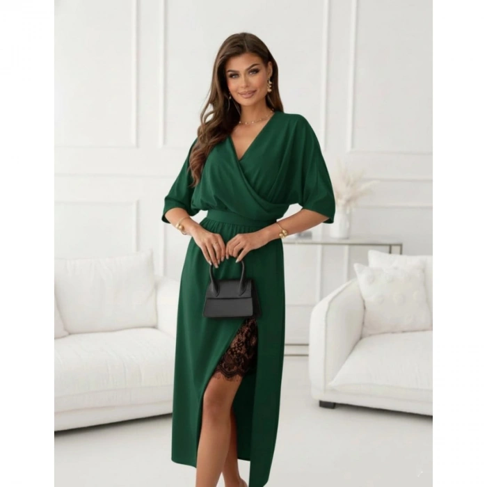 Kadın Uzun Kollu Kruvaze Yakalı Yandan Dantelli Midi Ithal Krep Elbise