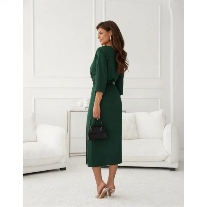 Kadın Uzun Kollu Kruvaze Yakalı Yandan Dantelli Midi Ithal Krep Elbise