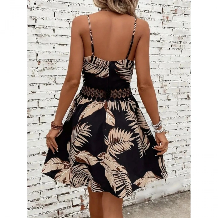 Kadın Ip Askılı Kruvaze Yakalı Desenli Mini Süprem Mini Elbise