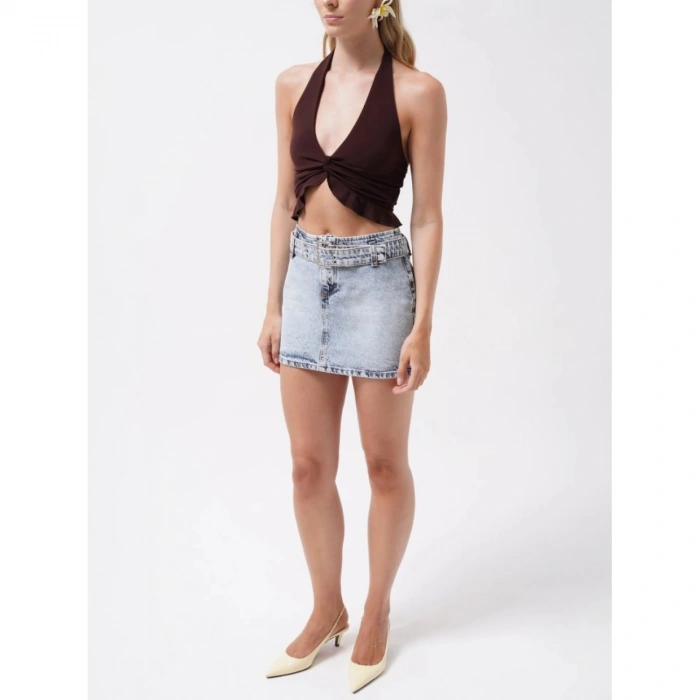 Kemer Detay Denim Mini Etek