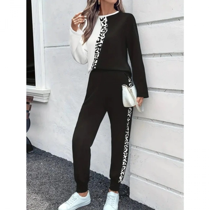 Kadın Uzun Kollu Bisiklet Yaka çift Renkli Viskon Iki Iplik Bluz Ve Pantolon Ikili Takım