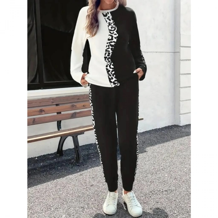 Kadın Uzun Kollu Bisiklet Yaka çift Renkli Viskon Iki Iplik Bluz Ve Pantolon Ikili Takım