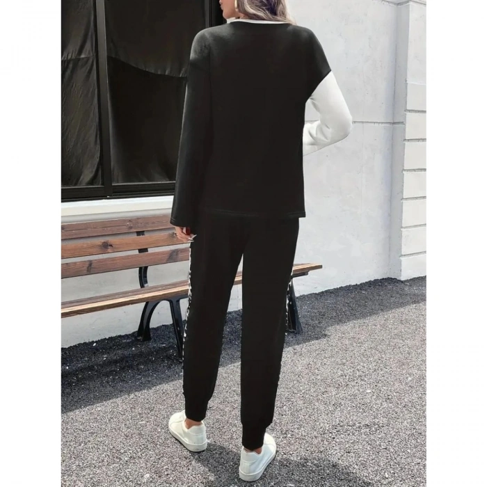 Kadın Uzun Kollu Bisiklet Yaka çift Renkli Viskon Iki Iplik Bluz Ve Pantolon Ikili Takım