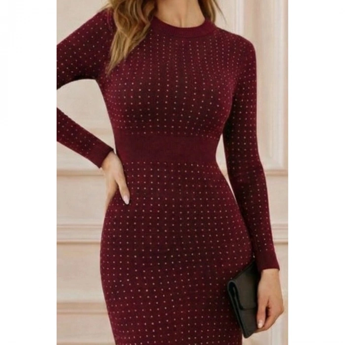 Kadın Uzun Kollu Bisiklet Yaka Taşlı Midi Kadife Elbise