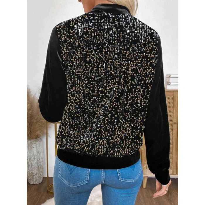 Kadın Uzun Kollu önü Açık Fermuarlı Pulpayetli Kadife Ceket