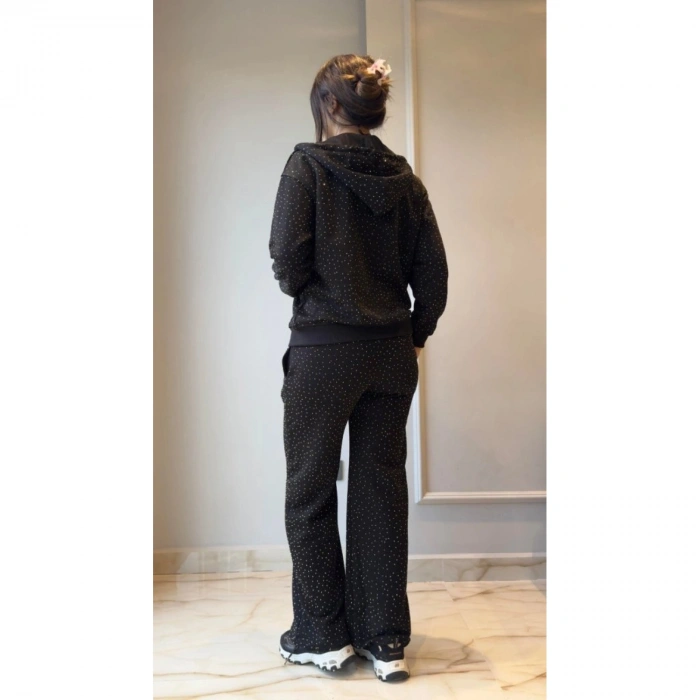 Kadın Uzun Kollu Kapşonlu Fermuarlı Taşlı önü Fermuarlı Viskon Iki Iplik Bluz Ve Eşofman Altı Ikili Takım