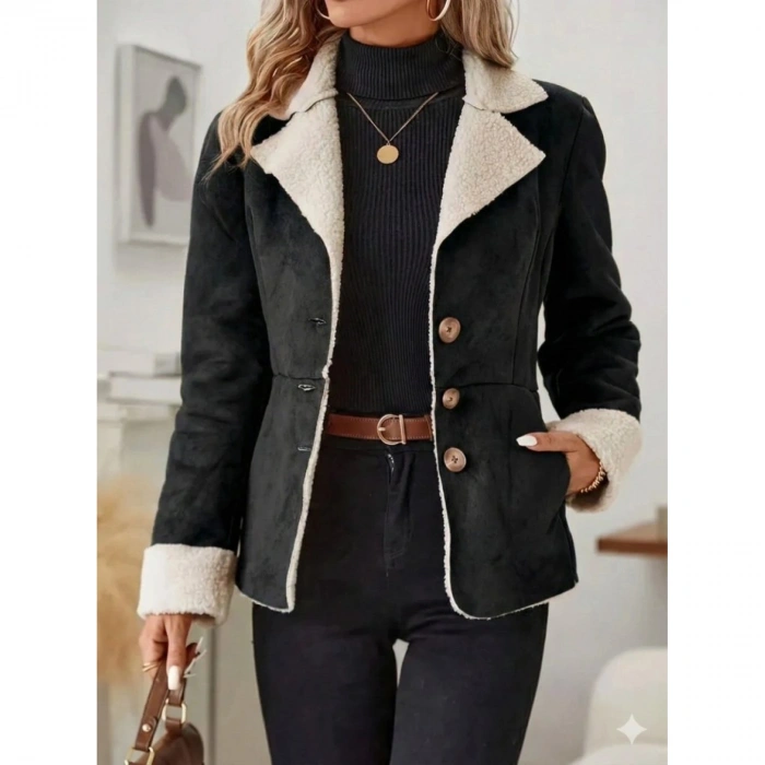 Kadın Uzun Kollu önden Düğmeli Cep Detaylı Kısa Süet Ceket