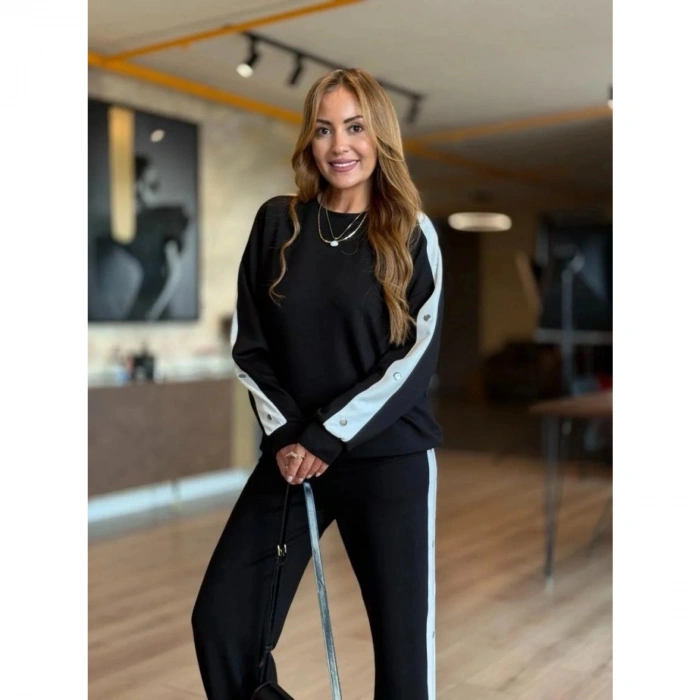 Kadın Uzun Kollu Bisiklet Yakalı Düğmeli Viskon Iki Iplik Bluz Ve Pantolon Ikili Takım