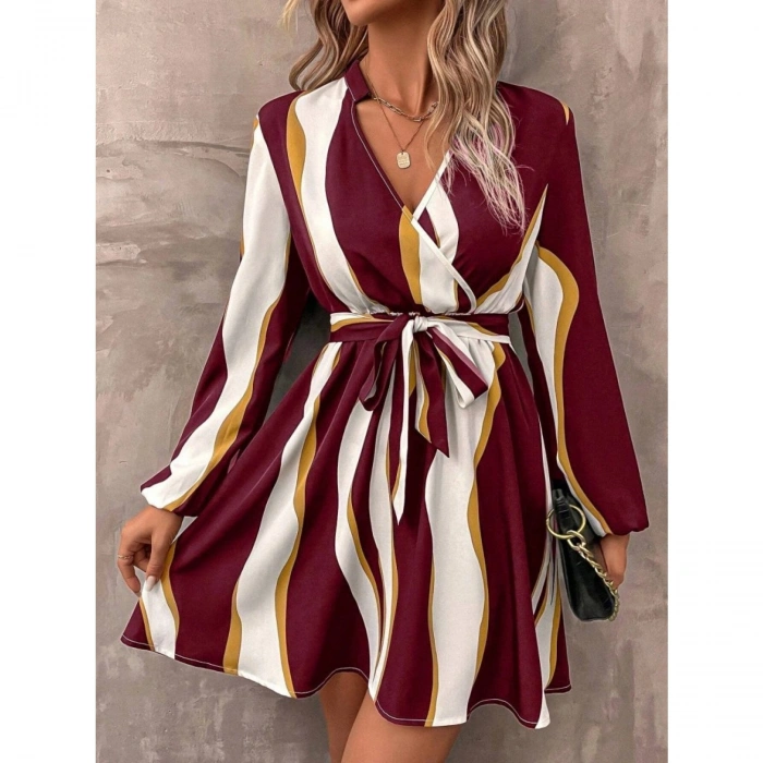 Kadın Uzun Kollu Kruvaze Yakalı Desenli Modal Mini Elbise