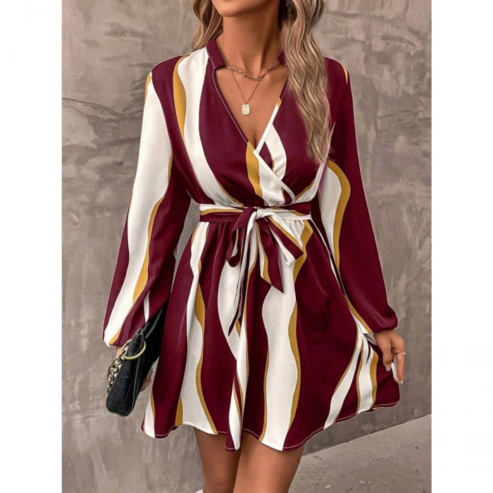 Kadın Uzun Kollu Kruvaze Yakalı Desenli Modal Mini Elbise