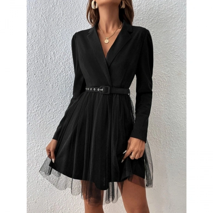 Kadın Uzun Kollu Yakalı Belinde Kemer Detaylı Mini Tüllü Ithal Krep Elbise