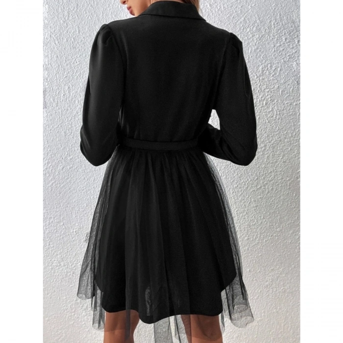 Kadın Uzun Kollu Yakalı Belinde Kemer Detaylı Mini Tüllü Ithal Krep Elbise