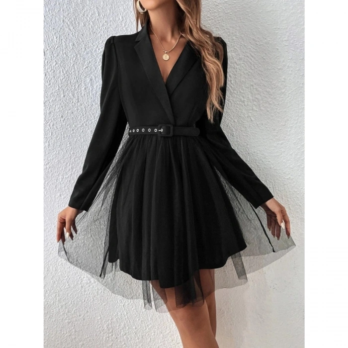 Kadın Uzun Kollu Yakalı Belinde Kemer Detaylı Mini Tüllü Ithal Krep Elbise