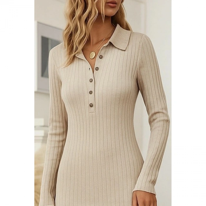 Kadın Uzun Kollu Yakalı Düğmeli şardonlu Kaşkorse Elbise