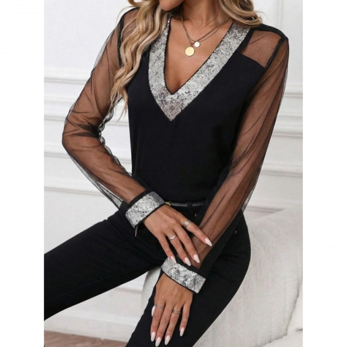 Kadın Uzun Kollu V Yakalı Tül Detaylı Ithal Krep Bluz