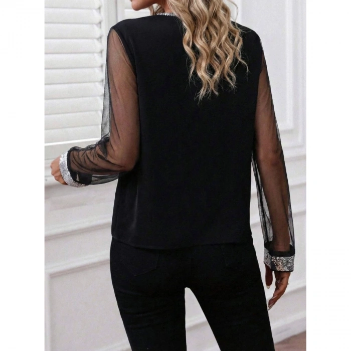 Kadın Uzun Kollu V Yakalı Tül Detaylı Ithal Krep Bluz