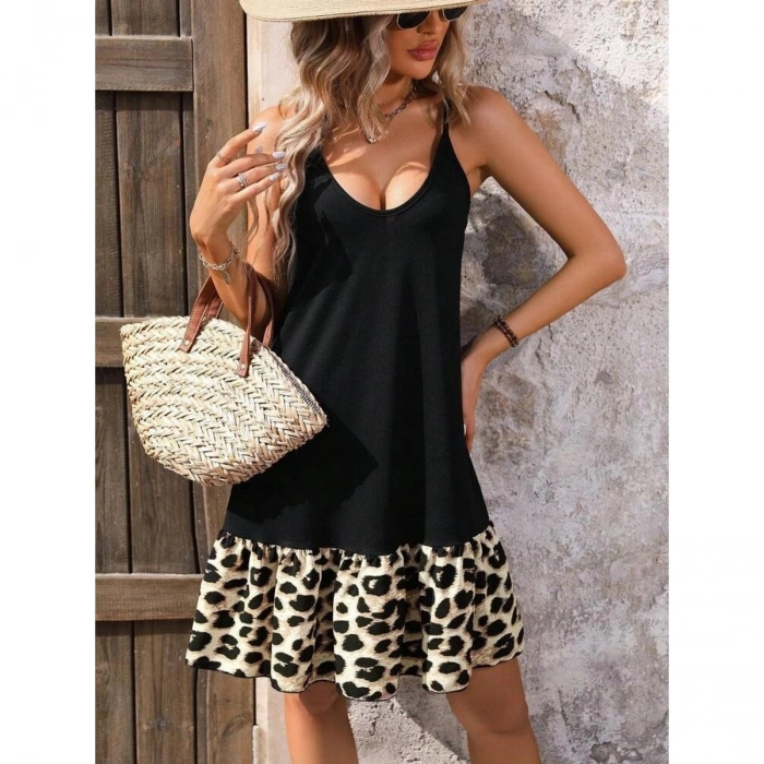 Kadın Ip Askılı Yuvarlak Yakalı Leopar Detaylı Elbise