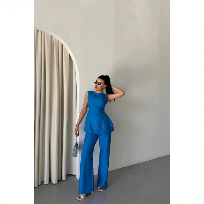 JAKAR KETEN KOLSUZ BLUZ-PANTOLON TK - Mavi