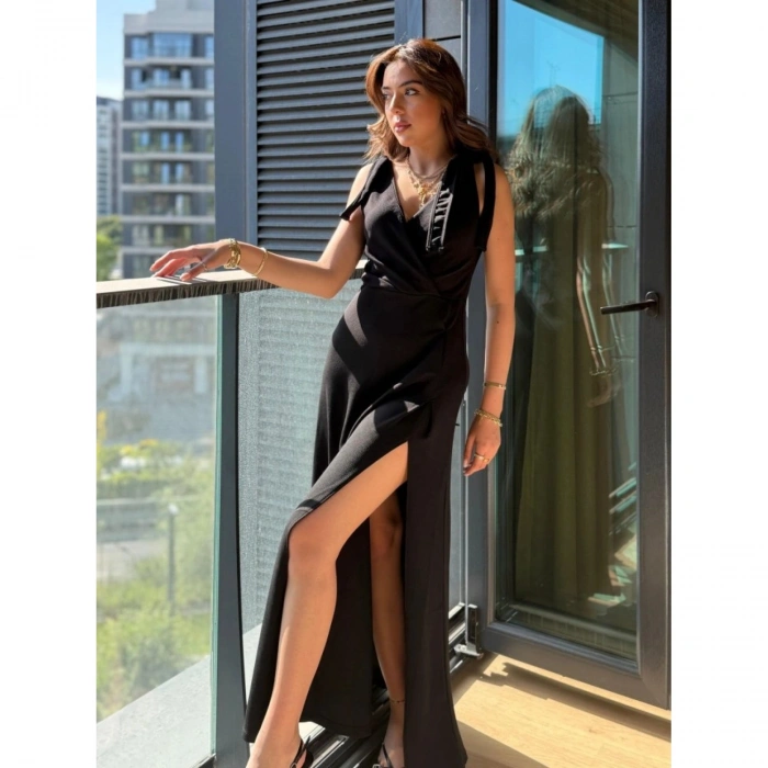 Kadın Askılı Omuzdan Bağlamalı Kruvaze Yakalı Uzun Yırtmaçlı Janjan Krep Elbise