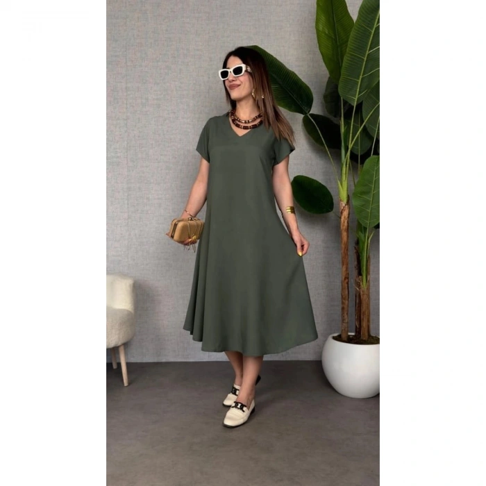Kadın Kısa Kollu V Yaka Salaş Maxi Boy Elbise