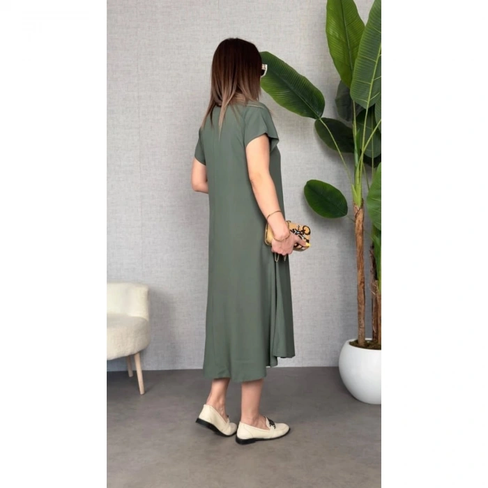 Kadın Kısa Kollu V Yaka Salaş Maxi Boy Elbise
