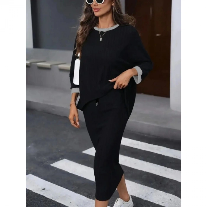 Kadın Uzun Kollu Yakası Açık şardonlu Kaşkorse Bluz Ve Eteği Bağcıklı Ikili Takım